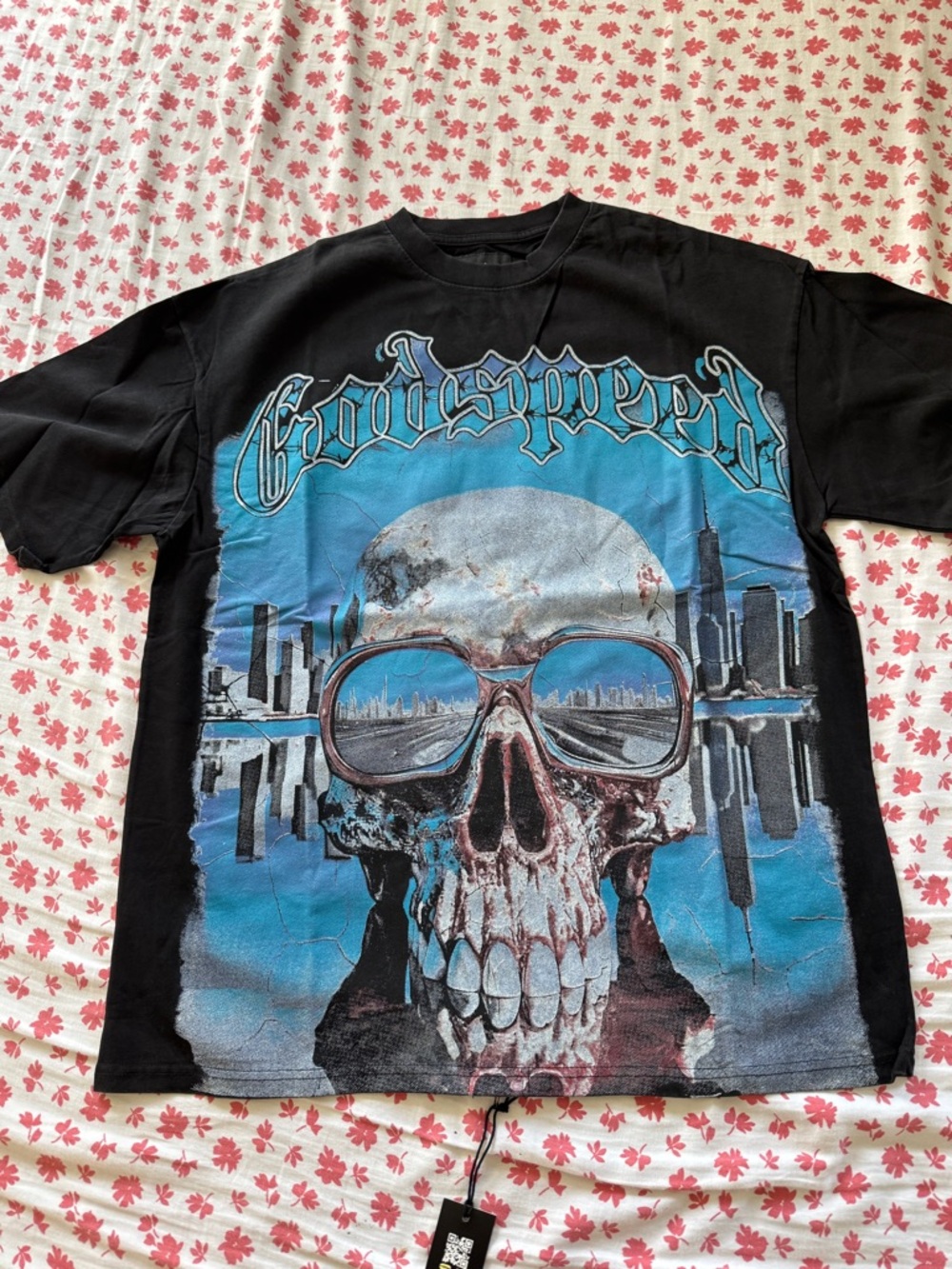 Godspeed - Skull Sunglasses Black Short Sleeve Graphic Tee with Blue Skull Print